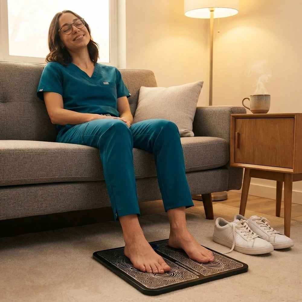 Nurse in scrubs relaxing on the couch with her feet on the ClockOut mat